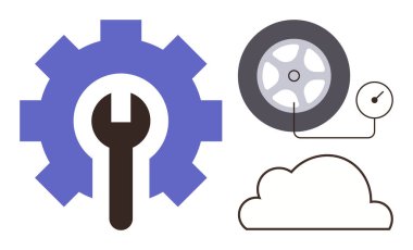 İngiliz anahtarlı vites, basınç göstergeli araba lastiği, bulut çizgisi. Otomotiv servisi, mekanik onarım, teknoloji, bulut depolama, yenilikçi bakım enteması için ideal. Basit düz