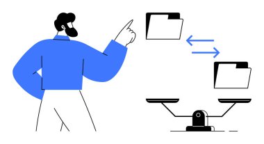 Dosya transferini simgeleyen oklu klasör simgelerini gösteren adam, dengeyi vurgulayan bir ölçekte bağlı. Veri yönetimi, iş akışı, karar verme, adil takas, adalet, işlemler için ideal