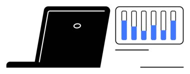 Veri içgörülerini ya da izleme performansını gösteren mavi ilerleme çubukları olan dizüstü bilgisayarın yanında. Teknoloji, analitik, üretkenlik, ilerleme izleme, sunum, veri görselleştirme için ideal