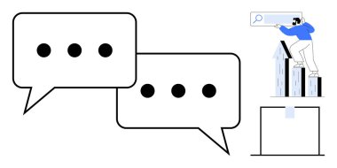 Elipsli iki sohbet baloncuğu, yükselen bar grafikleri ve arama çubuğunu analiz eden bir kişi. İletişim, işbirliği, araştırma, veri içgörüsü, çevrimiçi arama, takım çalışması için ideal basit düz metafor