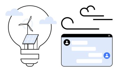 Rüzgar türbini ve güneş paneli olan ampul, bulutlar, rüzgar çizgileri, sohbet penceresi. Sürdürülebilirlik, yeşil teknoloji, yenilik, iletişim, çevre dostu çözümler için ideal dijital işbirliği basit