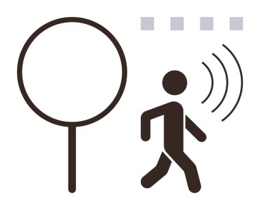 Ses veya sinyal dalgaları yayan büyük dairesel bir cihazın yanında ilerleyen kişi. Hareket algılama, yakınlık sensörleri, teknoloji, ses dalgaları, akıllı cihazlar, otomasyon, ulaşılabilirlik için ideal