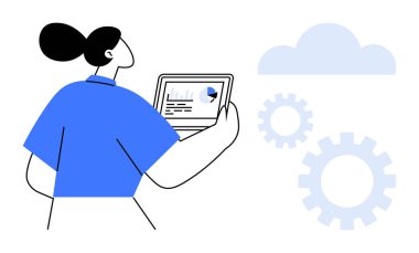 Bulut ve vites elementleri teknolojiyi, yeniliği ve verimliliği sembolize eden bir tabletteki analizleri izleyen kişi. Veri analizi, dijital iş akışı, bulut teknolojisi, takım çalışması için ideal