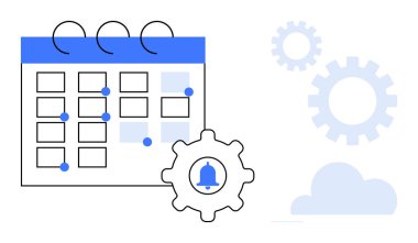 Tebligat teçhizat simgesi ve bulutlu takvim ızgarası, soyut vitesler tarafından destekleniyor. Zamanlama, hatırlatıcılar, otomasyon, üretkenlik, iş akışı planlaması, etkinlikler, zaman yönetimi dairesi için ideal