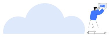 Büyük bir bulut ve kalemin yanında duran video ikonu olan tabletli bir adam. Temalar için ideal bulut teknolojisi, dijital araçlar, video içeriği, eğitim, uzaktan çalışma, veri depolama, basit