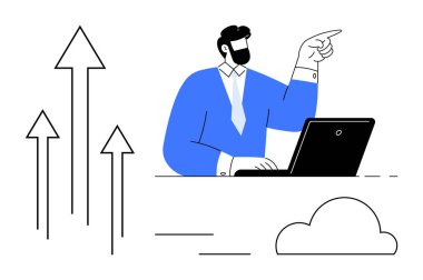 Dizüstü bilgisayarda çalışan resmi giysili bir adam, yukarı bakan oklara işaret ederek başarıyı, büyümeyi ve yeniliği temsil ediyor. İş, liderlik, planlama, başarı, büyüme stratejisi için ideal