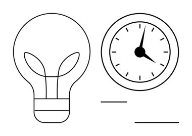 Ampul ve saat yenilik, verimlilik ve denge kavramlarını vurguluyor. Üretkenlik, zaman yönetimi, yaratıcılık, planlama, iş, yenilik için ideal basit düz metafor