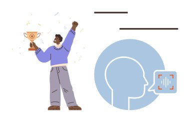 Kutlama yaparken elinde kupa tutan bir adam. Konuşma tanıma arayüzü yeniliği, başarıyı ve teknolojiyi simgeliyor. Motivasyon, zafer, teknoloji, kişisel gelişim ve liderlik için ideal