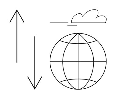 Enlem boylam çizgileri, yukarı ve aşağı okları olan bir dünya ve bir bulut çizgisi. Küresel eğilimler, ekonomi, iklim değişikliği, veri analizi, navigasyon, seyahat için ideal düz metafor