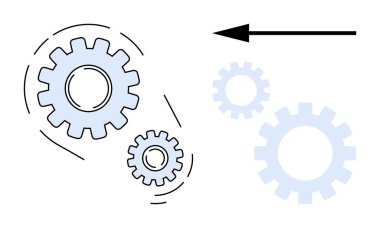 Birbirine bağlı dişliler ileri dönük bir okla hareket ediyor takım çalışması, mekanizma, ilerleme. Çalışma akışı, verimlilik, yenilik, mühendislik, strateji, süreç yönetimi için ideal basit