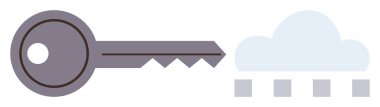 Metalik anahtar bulut şeklini gösteriyor, veri erişimini ve bulut güvenliğini gösteriyor. Teknoloji, siber güvenlik, bulut depolama, şifre koruması, veri şifreleme, ağ güvenliği, güvenlik için ideal