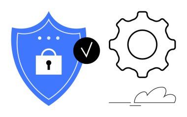 Güvenlik için kilit ve keneli mavi kalkan, sistem ayarları için teçhizat, çevrimiçi sistemleri temsil eden bulut. Gizlilik, bilişim yönetimi, koruma, uyum, teknoloji, bulut hesaplama için ideal