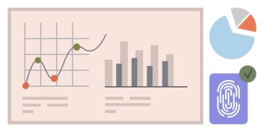 Veri noktaları, bar tablosu, pasta grafiği, parmak izi ikonu ve işaretli çizgi grafiği. Veri analizi, istatistik, trendler güvenlik teknolojisi ve araştırma için idealdir. Basit düz metafor
