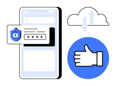Şifre güvenlik kartı olan akıllı telefon veri transferi için bulut ve kullanıcı onayı için onay. Siber güvenlik, veri koruması, şifreli depolama, çevrimiçi hizmetler, teknoloji, mobil