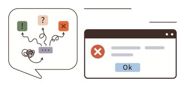 Renkli diyalog balonu, OK düğmesi ile tarayıcı açılır hatasına yol açan X simgeleri ile karışıklık ve çözümleri gösterir. Sorun giderme, hata işleme, yazılım hataları, problem çözme için ideal