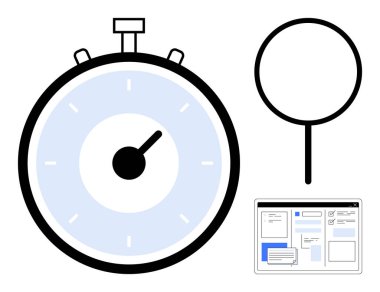 Merkezli işaretleyici, dairesel büyüteç ve web sayfası düzeniyle kronometre. Zaman yönetimi, veri analizi, kullanıcı araştırması, tasarım, üretkenlik web geliştirme işi için idealdir. Minimalist daire