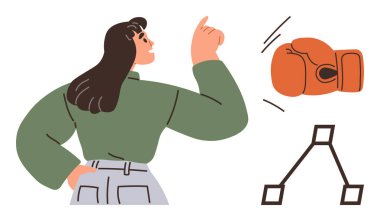 Kendine güveni yüksek, turuncu boks eldiveni gücü simgeleyen, planlama için üçgen grafikli bir kadın. Güçlendirme, liderlik, motivasyon, başarı, esneklik ve strateji için ideal