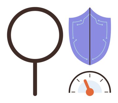 Büyüteç, devre dizaynlı kalkan ve güvenlik analizi, koruma ve performansı gösteren hız göstergesi. Siber güvenlik, koruma, hız, tanı optimizasyonu için ideal dijital