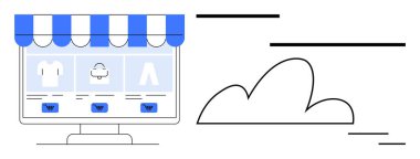 Masaüstü monitörü tente tarzı başlığıyla giysi parçalarını ve alışveriş arabasının düğmelerini gösteriyor ve yanında bulut elementleri de var. E-ticaret, perakende, çevrimiçi alışveriş, bulut hizmetleri, dijital için ideal