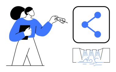 Bir tablet tutan ve veri akışını temsil eden bir paylaşım simgesine işaret eden kişi. Teknoloji, dijital büyüme, işbirliği, ağ, bağlantı, eğitim ve basit