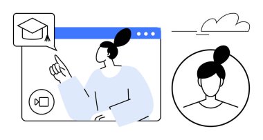 Kadın figürü görüntülü aramada tarayıcı penceresi, mezuniyet başlığı ve bulut ögesi ile etkileşime geçiyor. Çevrimiçi eğitim, sanal sınıflar, uzaktan öğrenme, e-öğrenme, bilgi paylaşımı için ideal