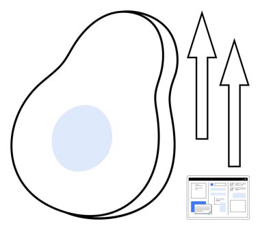 Yukarı ve içerik bloklarını gösteren oklarla basitleştirilmiş avokado şekli büyümeyi, gelişmeyi ve yeniliği sembolize ediyor. Ticari büyüme, pazarlama, yenilik, sürdürülebilirlik ve sağlıklı