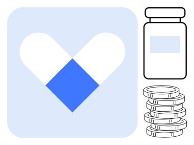 Kalp, ilaç şişesi ve istiflenmiş madeni paralar oluşturan kapsül sağlık hizmetlerinin karşılanabilirliğini, ilaç harcamalarını, tıbbi bakım ekonomisini, sigortayı, sağlık durumunu, bütçe masraflarını sembolize eder. İdeal