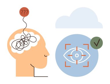 Karmaşık düşünceleri olan insan kafası odak çemberinin içinde bir göz ikonuna öncülük ediyor. Soru işaretleri, bulut ve bir işaret içeriyor. Farkındalık, analitik, berraklık, hedefler, problem çözme için ideal