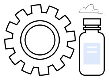 Yanında ilaç şişesi ve bulut ile birlikte büyük bir mekanik teçhizat. Sağlık, teknoloji, yenilik, endüstri, biyoteknoloji, ilerleme ve verimlilik için ideal. Basit düz metafor