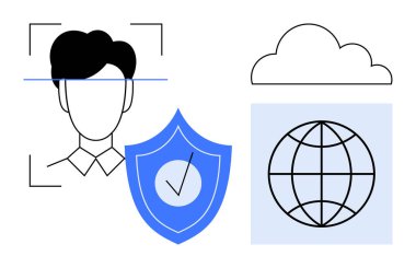 Güvenlik, bulut simgesi ve dünya ağı için kalkan işaretli yüz taraması. Gizlilik, kimlik yönetimi, siber güvenlik, bulut hesaplama, küresel bağlantı, teknolojinin dijital güvenliği için ideal