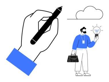 Fikirler, yaratıcılık ve problem çözme için elinde ampul tutan bir adamla el çizimi. Tasarım, takım çalışması, yenilik, üretkenlik, beceri, hırs için ideal basit düz metafor