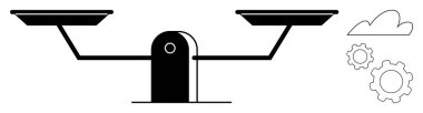 Karar verme, adalet, teknoloji, denge, süreç optimizasyonu, bağımlılık ve basit iniş sayfasını temsil eden iki tava, dişli ve bulut simgesiyle yatay denge terazisi