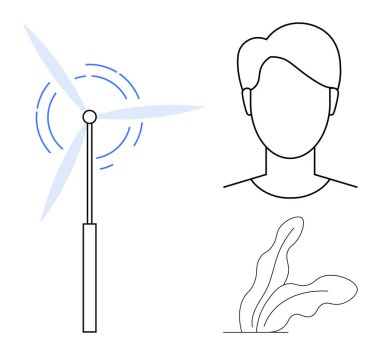 Rüzgâr türbini hareket halinde, insan dış hatları ekolojik farkındalık ve bitki sürdürülebilirliği ve yenilenebilir enerjiyi temsil ediyor. Çevre koruma, yeşil yenilik, temiz enerji ve gelecek için ideal