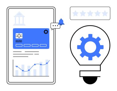 Mobil bankacılık arayüzü finansal analizleri, kredi kartı verilerini ve yenilik için bir ampul ve teçhizatla eşleştirilmiş bildirim simgesini gösteriyor. Finans, teknoloji, analitik ve yenilik için ideal