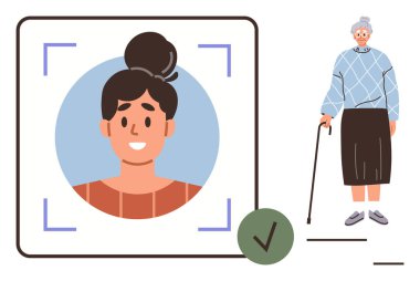 İçerideki gülümseyen kadın tasdikli çerçeveyi tarıyor, bastonlu yaşlı kadın. Teknoloji, tanımlama, çeşitlilik, ilerleme, güvenlik, kullanıcı arayüzü dahil olmak üzere ideal. Basit düz