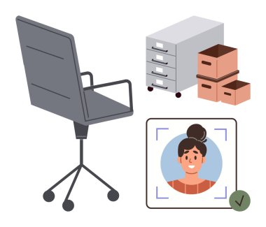 Ofis sandalyesi, çekmeceli dolap, depo kutuları ve çerçeveli bir profil fotoğrafı. İK süreci için ideal, işe alım, organizasyon, işyeri onayı iş gücü. Basit.