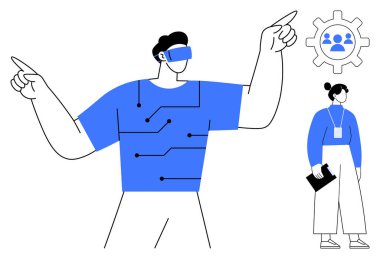 AR teknolojisini kullanan bir adam tişörtü yukarı kaldırarak dizüstü bilgisayarını tutan bir kadının yanında duruyor. Teknoloji, takım çalışması, yenilik, yapay zeka, sanal gerçeklik, iletişim, liderlik için ideal