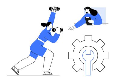 Dambıl kaldıran bir kadın, tabletteki analiz eden başka bir veri, ortasında ingiliz anahtarı olan büyük teçhizat. Üretkenlik, fitness, takım çalışması, problem çözme, kendini geliştirme, basit iniş dengesi için ideal