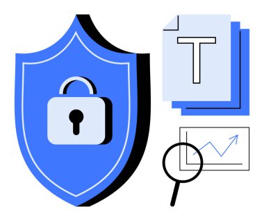 Kilitli bir kalkan, istiflenmiş belgeler, harita üzerinde büyüteç. Veri koruması, gizlilik, analitik, araştırma, siber güvenlik, bilgi yönetimi basit iniş sayfası için ideal