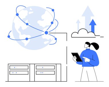 Bağlantı noktaları olan dünya, yukarı doğru bulutlu oklar, sunucuların yanında tablet kullanan kadın. Teknoloji, bulut hesaplama, veri depolama, ağ oluşturma, dijital dönüşüm, küreselleşme için ideal