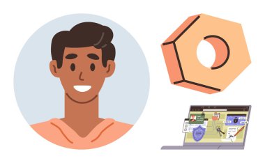 Çevrimiçi güvenliği temsil eden 3 boyutlu altıgen fındık ve dizüstü bilgisayar arayüzünün yanında gülen bir insan. Siber güvenlik, dijital kimlik, eğitim, güvenlik, ağ oluşturma, kişisel büyüme için ideal, basit