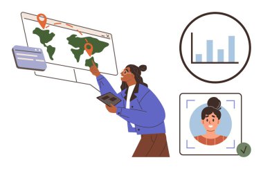 Tablet ve interaktif harita kullanan bir kadın, konumları belirliyor. Biyometrik profil doğrulama ve veri analiz çizelgesi içerir. Teknoloji, analitik, seyahat, güvenlik, navigasyon için ideal