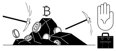 Kazmalar, üzerinde Bitcoin logosu olan bozuk para dolu kayalara el ve evrak çantasıyla vuruyor. Engelleme zinciri, madencilik, dijital para birimi, teknoloji, yatırım, ekonomi fintech temaları için ideal. Basit.