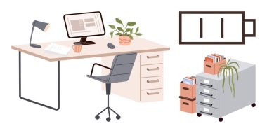 Düzenli çalışma alanı içinde masa, bilgisayar, lamba, bitkiler ve düşük pil işaretli dosya dolabı da var. Üretim, teknoloji, organizasyon, uzaktan çalışma verimliliği minimalizmi için idealdir.