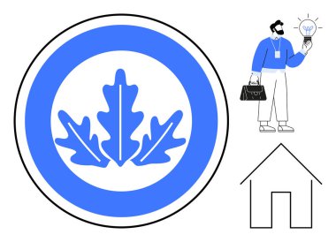 Dairesel çerçevede mavi meşe yaprakları, mavi elbiseli profesyonel elinde yenilikçi ampul, basit ev çizgisi. Sürdürülebilirlik, ekoloji, yenilik, yeşil enerji, teknoloji, gerçek