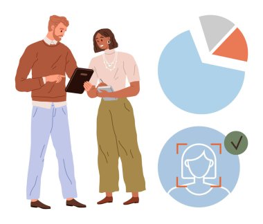 İki meslektaş bir panoda verileri inceliyor, büyük bir pasta grafiği ve onaylı bir yüz tanıma profili. Takım çalışması, veri analizi, proje planlaması, HR, teknoloji ve işbirliği için ideal