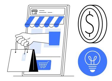 Akıllı telefondan çıkan el ele tutuşan çantalar, vitrin önü, bozuk para sembolü ve fikir ikonu. E-ticaret, çevrimiçi iş, perakende, pazarlama, yenilik, girişimcilik için ideal