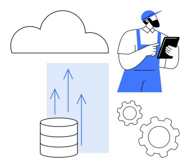 Teknisyen tableti tutuyor, veri tabanı ile bulut depolama monitörlerini, yukarı doğru okları ve vitesleri izliyor. Bulut hesaplama, veritabanı yönetimi, veri analizleri, dijital çözümler, teknoloji işlemleri için ideal
