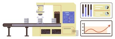 Robotik makine, performans çizelgeleriyle birlikte bir taşıma bandında ürünleri birleştiriyor. Otomasyon, üretkenlik, robot bilimi, verimlilik, teknoloji, imalat endüstrisi için ideal. Basit düz