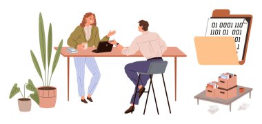 İki iş arkadaşı, bir bitki, bir kahve ve bir dizüstü bilgisayarla masada sohbet ediyor. Yakınlarda, ikili kodlu dijital klasör, fiziksel arşiv kutuları. Takım çalışması, ofis işi, verimlilik, işbirliği için ideal